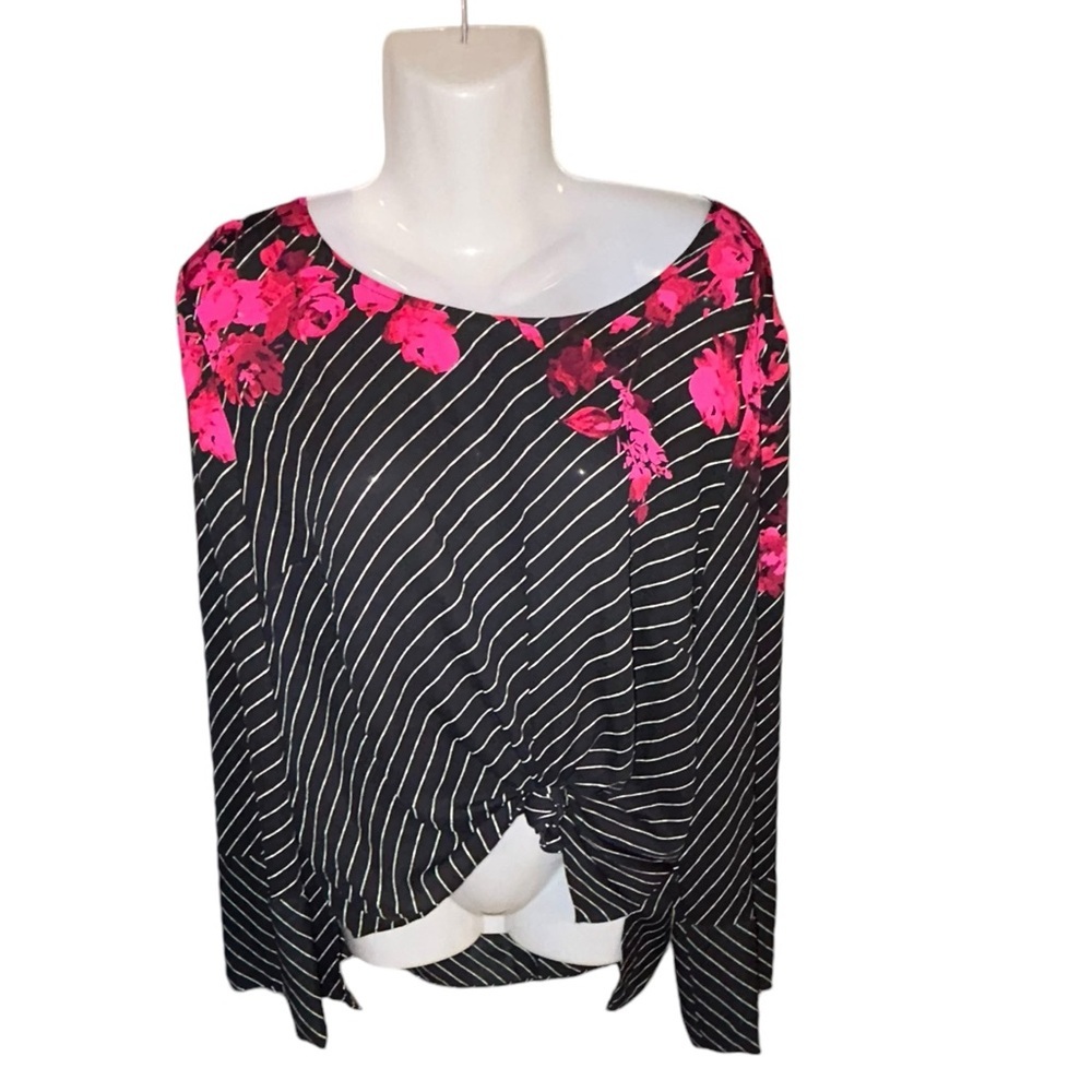 Apt 9 Womens SZ XXL Black White Stripe Fuchsia Flowers Tunic Blouse Top